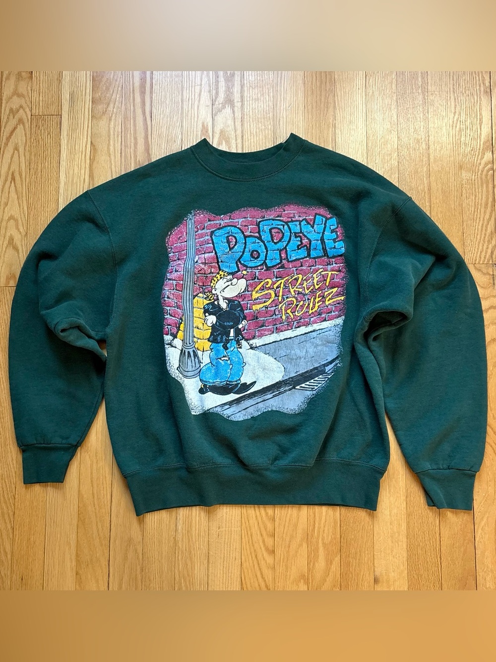 Vintage Popeye Street Rulez Men’s Fluid Crewneck Sweatshirt Large Green Hip Hop